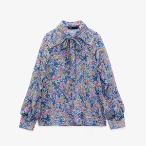 Zara | Blue Multicolor Ruffle Tie Neck Floral Blouse Size Large